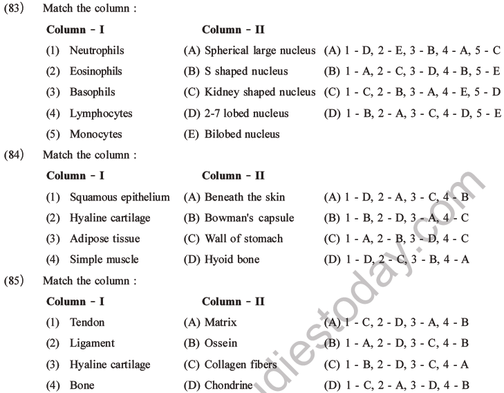 NEET Biology Animal Tissues MCQs Set A, Multiple Choice Questions